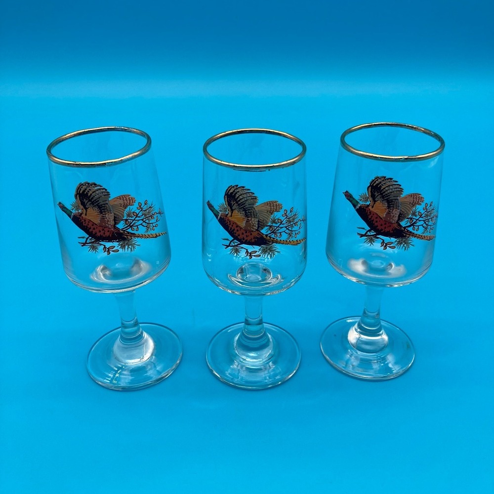 Vintage Mid-Century Gold Rimmed Pheasant Cordial Glasses - Set of 3